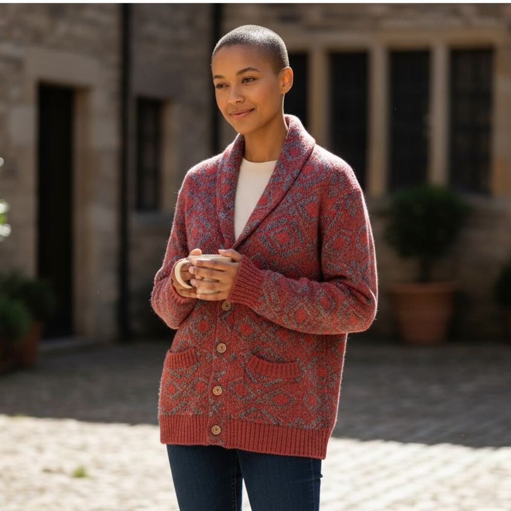 Koto Shawl Collar Diamond Red & Gray Grandpa Core Cardigan Sweater Size M
